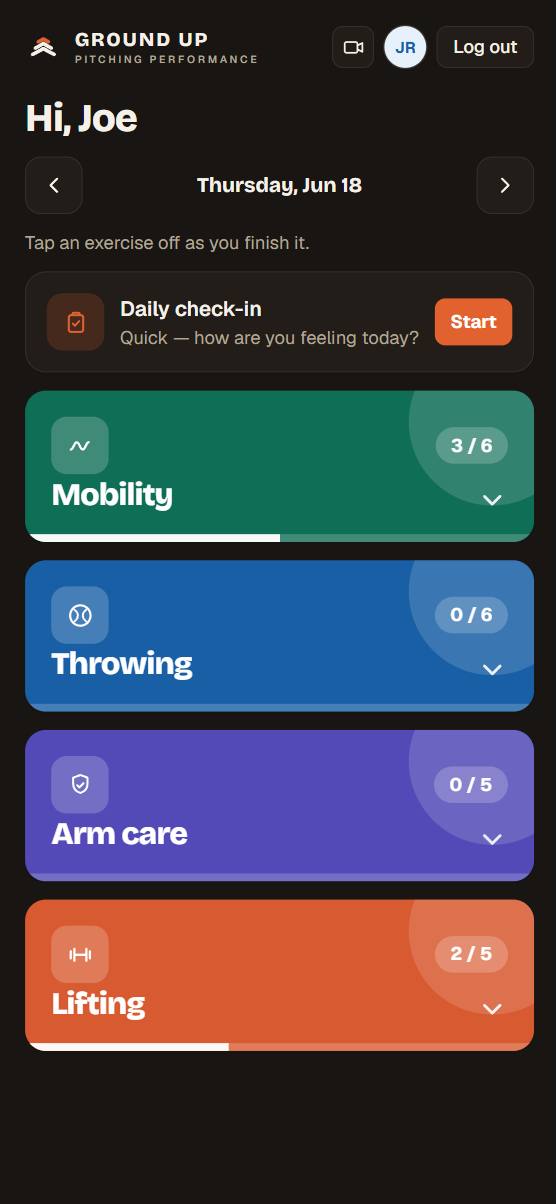 Your day, color-coded: throwing, lifting, mobility, arm care